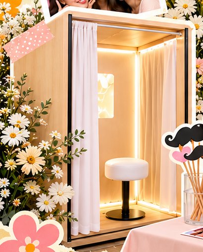 Photobooth kabin kayu dengan tirai dan lampu